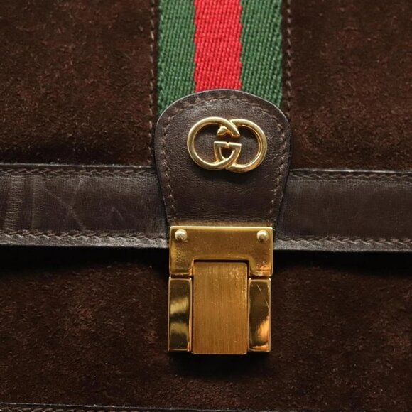 GUCCI GG Canvas Web Sherry Line Bag Suede Leather Dark Brown gold Auth - Picture 10 of 16